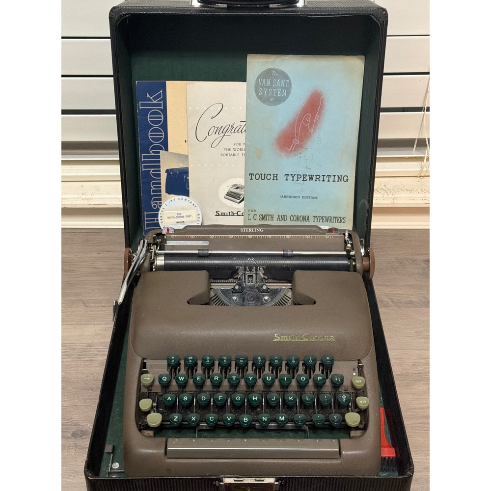 Vintage 1940s Smith Corona Sterling Portable Typewriter Brown Case Manuals Ink